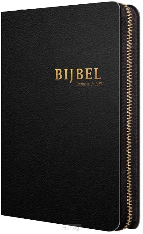Bijbel Psalmen zwart leer met goudsnee, rits en duimgrepen - met koker